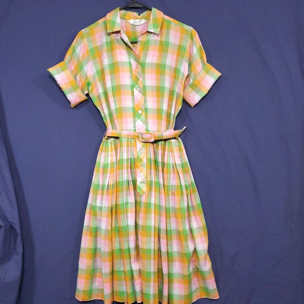 Vtg 1950s Serbin of Florida Plaid Shirtwaist Dress Full Skirt Cotton Pastel 6